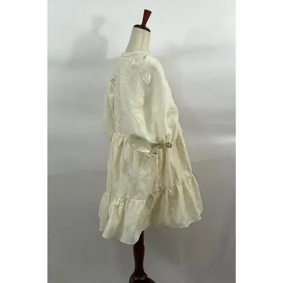 HUNTER BELL Sz L Large Gaille Cream Short Puff Sleeve Jacquard Dress - Picture 8 of 12